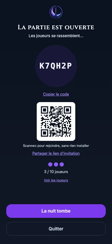Écran de l'hôte&nbsp;: «&nbsp;La partie est ouverte&nbsp;», avec le code K7QH2P et le QR code à scanner pour rejoindre la veillée.
