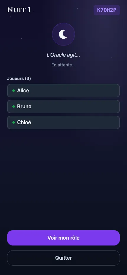 Écran de nuit&nbsp;: «&nbsp;Nuit 1&nbsp;», l'Oracle agit, avec la liste des joueurs et le bouton «&nbsp;Voir mon rôle&nbsp;».