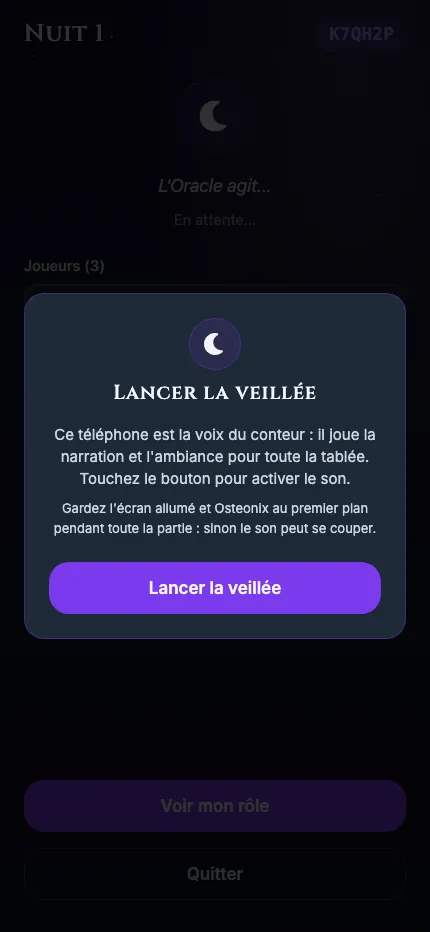 Écran «&nbsp;Lancer la veillée&nbsp;»&nbsp;: ce téléphone est la voix du conteur, il joue la narration et l'ambiance pour toute la tablée.