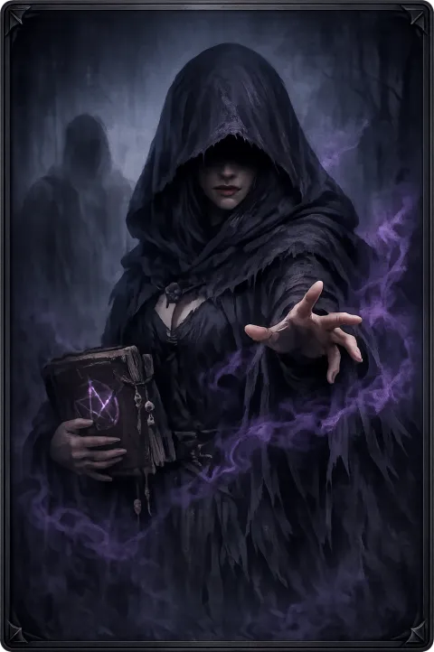 Silhouette encapuchonnée tendant une main entourée de fumée violette, un grimoire sous le bras.