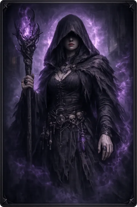 Femme voilée de noir tenant un bâton surmonté d'une flamme violette.
