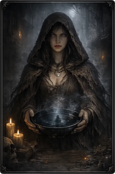 Femme encapuchonnée penchée sur une coupe d'eau, à la lueur des bougies.